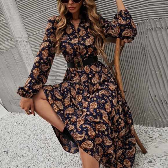 Boho Black Paisley Print Ruffle Midi Dress - Picture 2 of 9